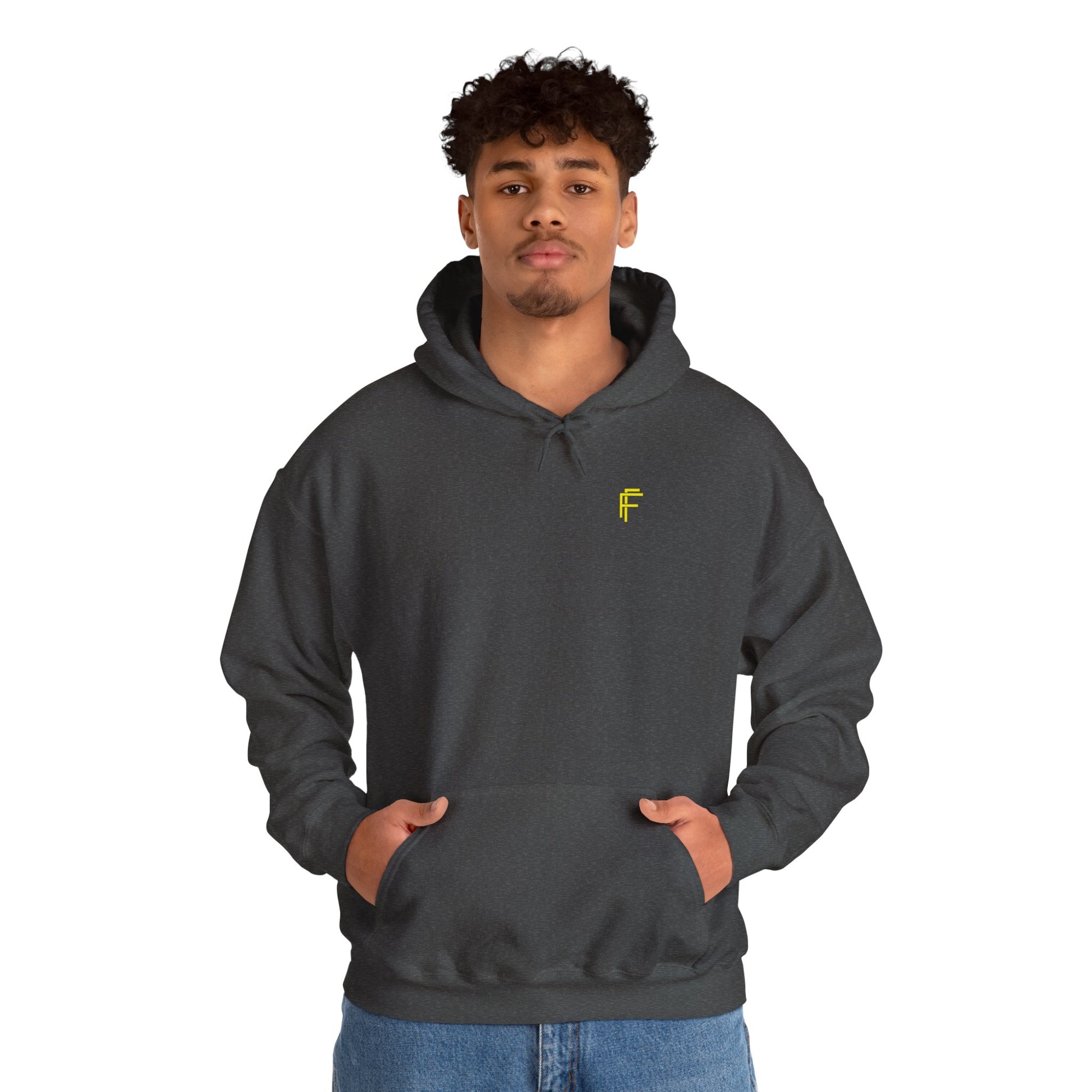 Frenzy Unisex Heavy Blend Hoodie with yellow Logo and Large text on the back. - Fitness Frenzy