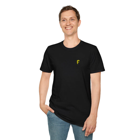 Minimalist Unisex Softstyle T-Shirt - Yellow Logo. - Fitness Frenzy