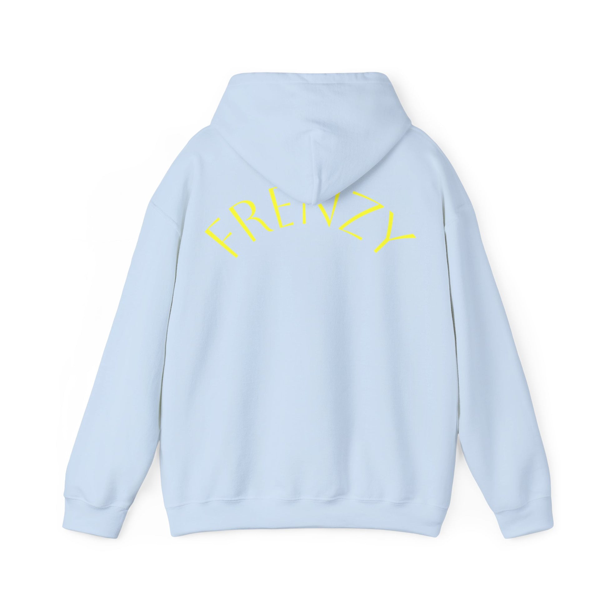 Frenzy Unisex Heavy Blend Hoodie with yellow Logo and Large text on the back. - Fitness Frenzy