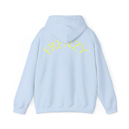 Frenzy Unisex Heavy Blend Hoodie with yellow Logo and Large text on the back. - Fitness Frenzy