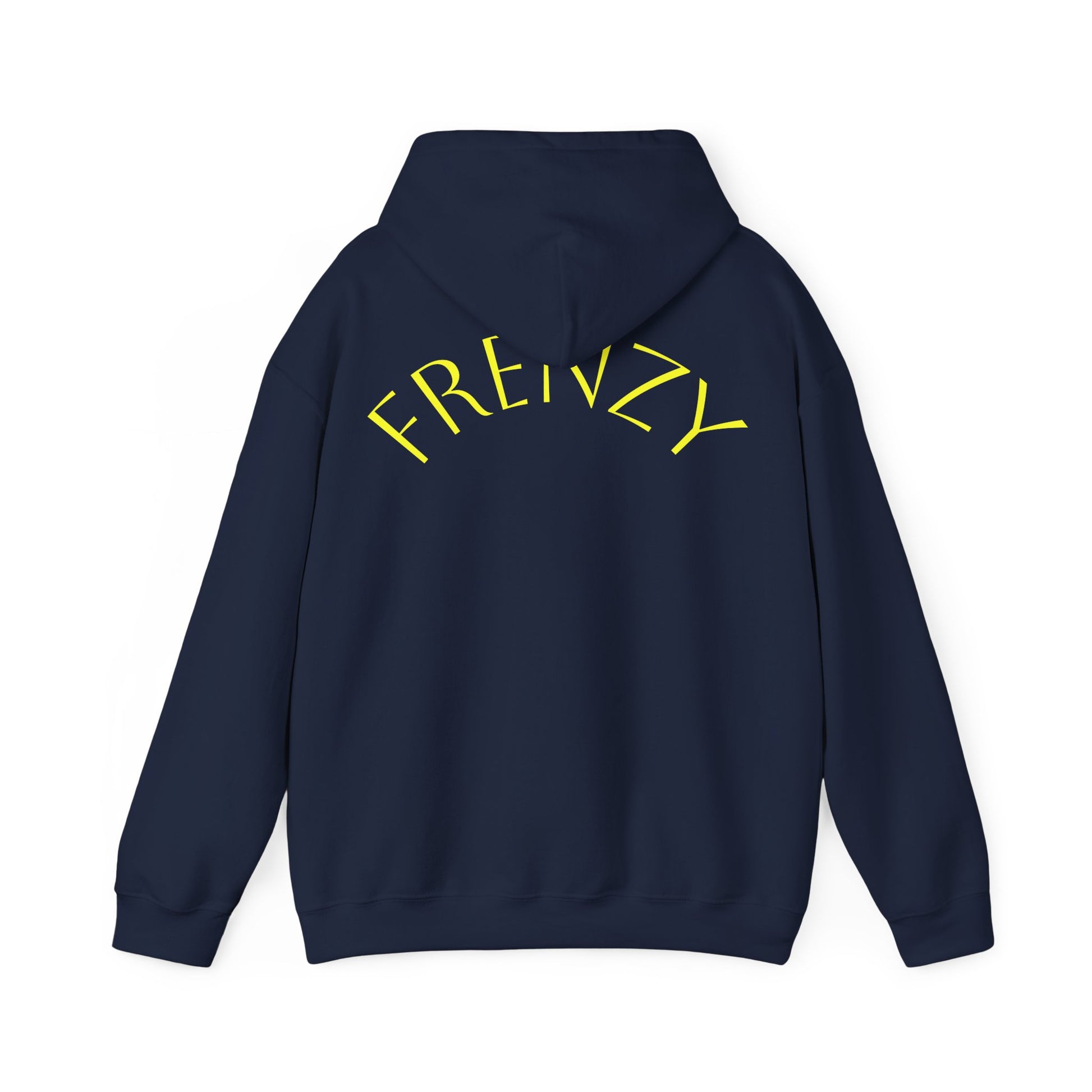 Frenzy Unisex Heavy Blend Hoodie with yellow Logo and Large text on the back. - Fitness Frenzy