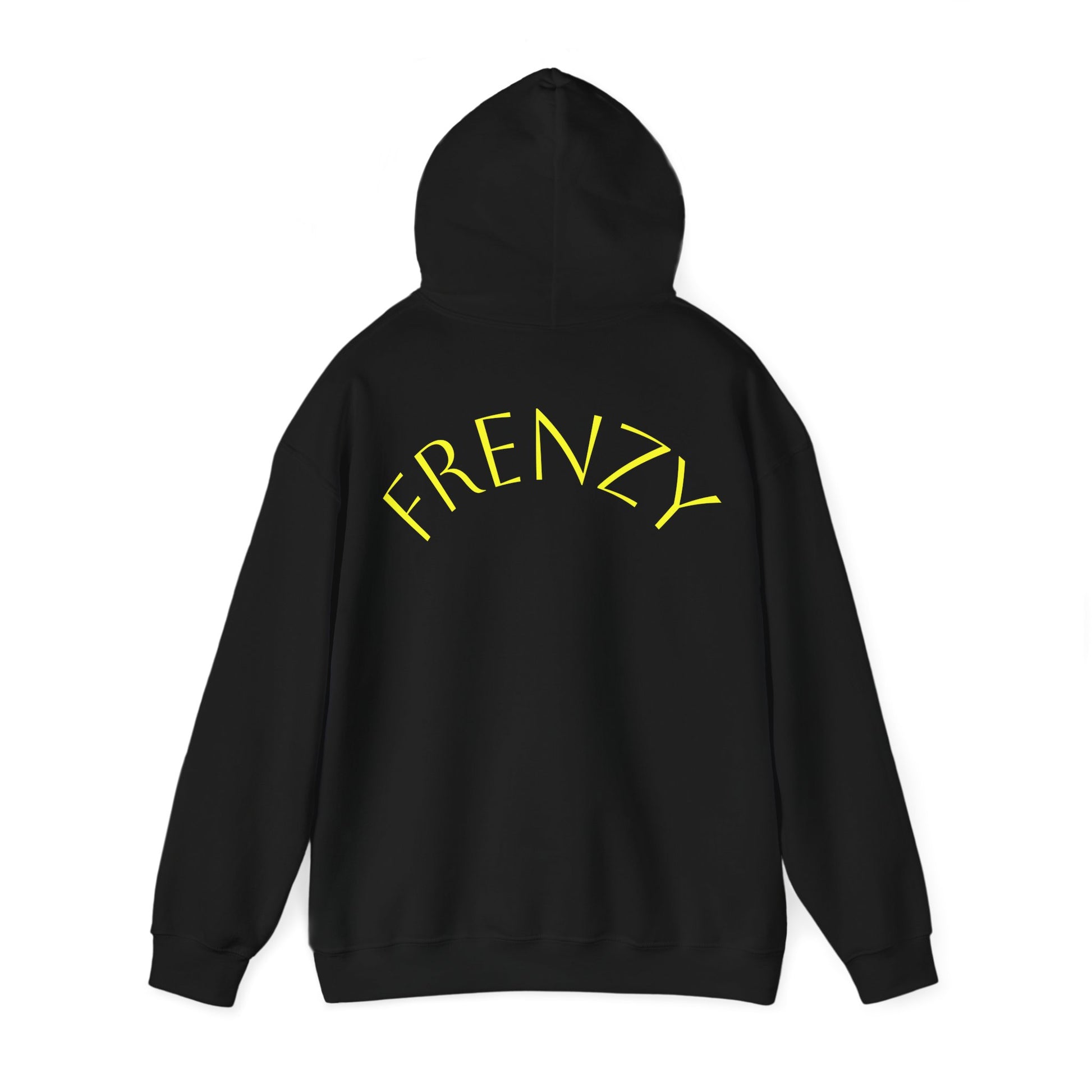 Frenzy Unisex Heavy Blend Hoodie with yellow Logo and Large text on the back. - Fitness Frenzy