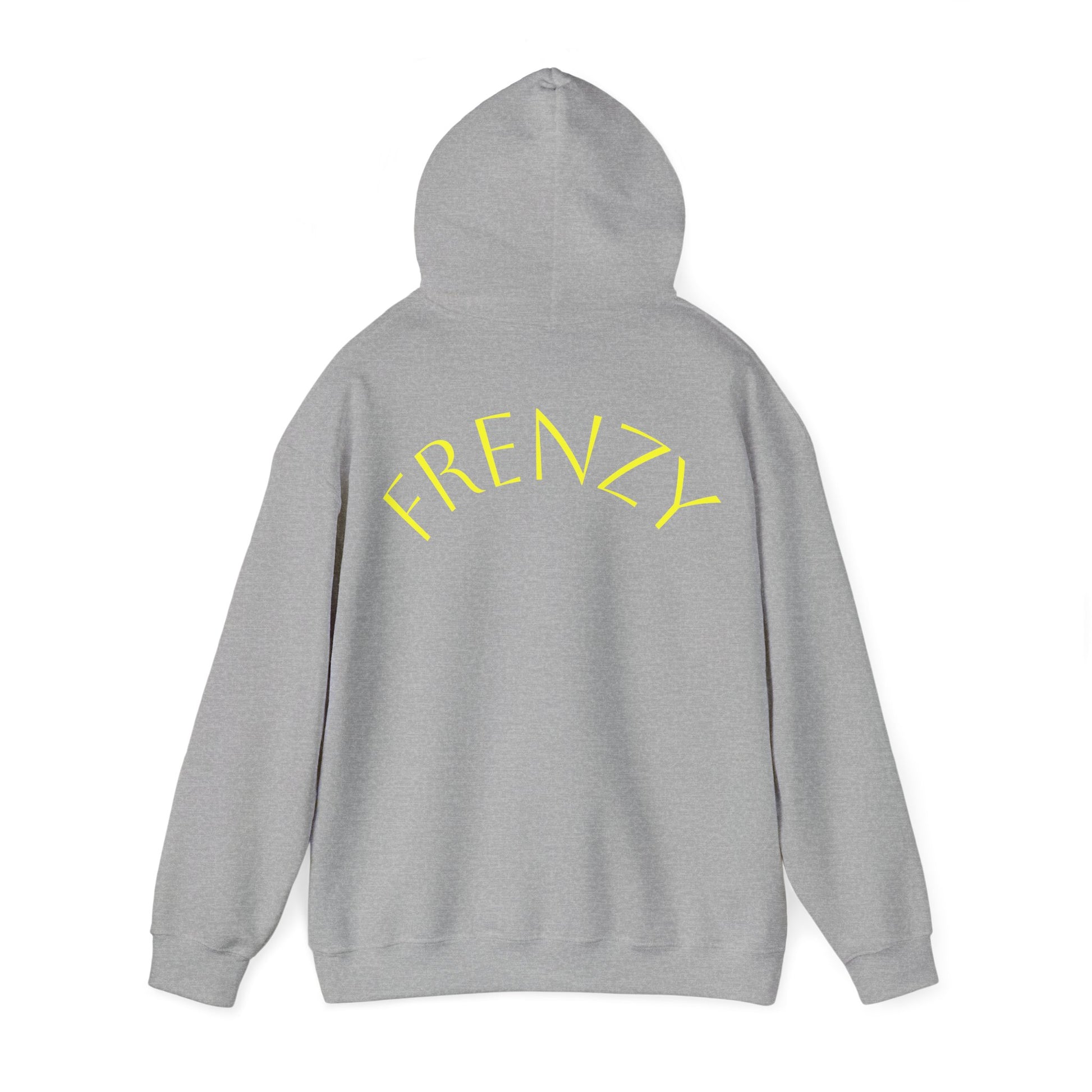 Frenzy Unisex Heavy Blend Hoodie with yellow Logo and Large text on the back. - Fitness Frenzy