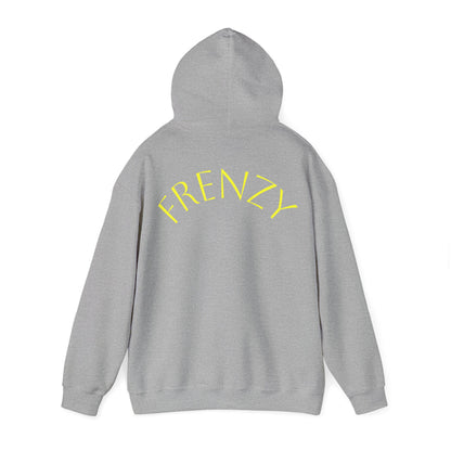Frenzy Unisex Heavy Blend Hoodie with yellow Logo and Large text on the back. - Fitness Frenzy