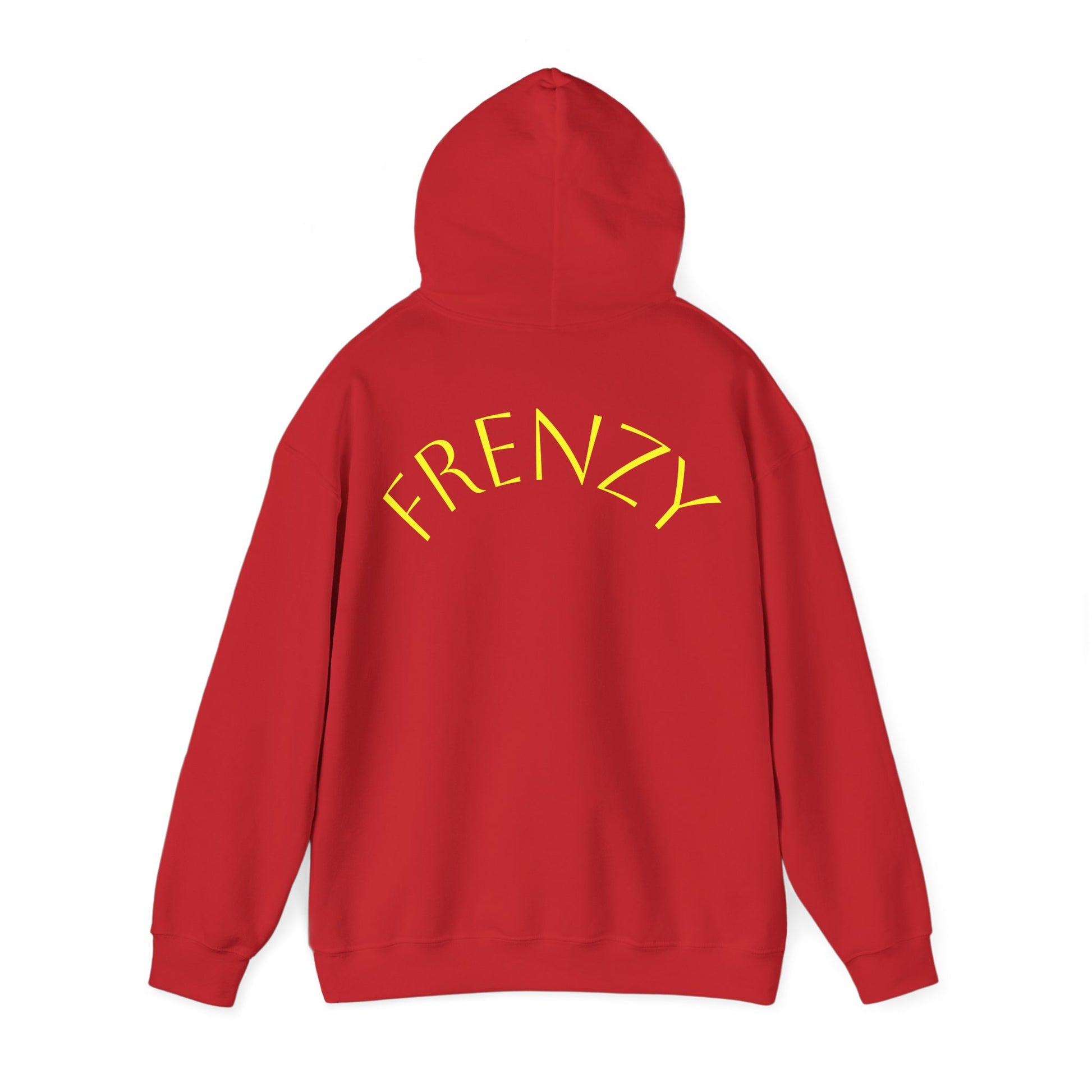Frenzy Unisex Heavy Blend Hoodie with yellow Logo and Large text on the back. - Fitness Frenzy
