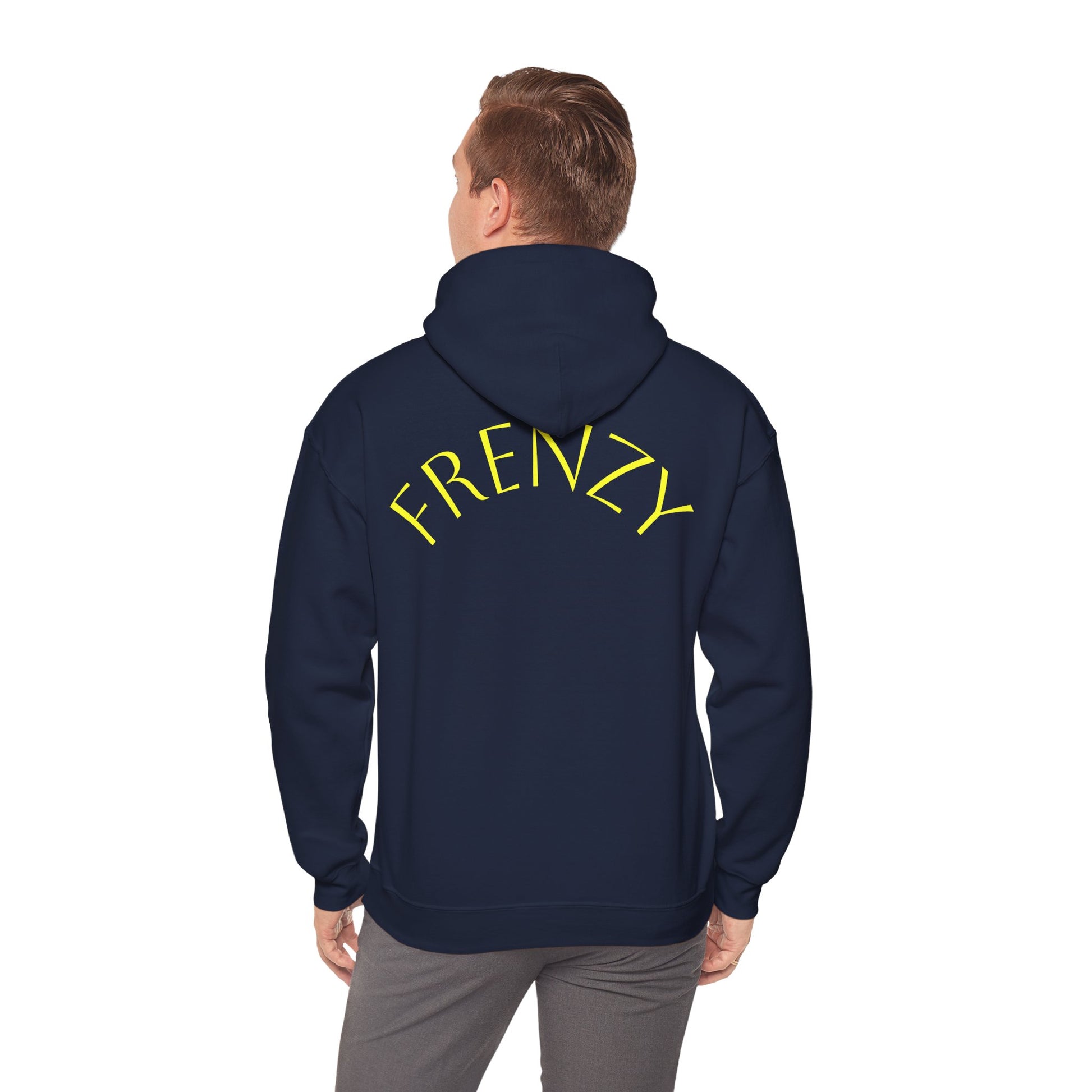 Frenzy Unisex Heavy Blend Hoodie with yellow Logo and Large text on the back. - Fitness Frenzy