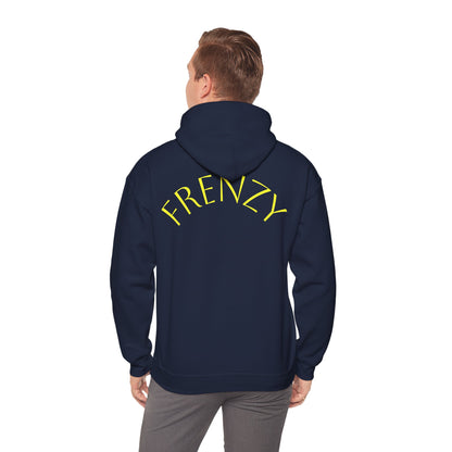 Frenzy Unisex Heavy Blend Hoodie with yellow Logo and Large text on the back. - Fitness Frenzy