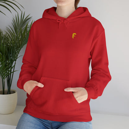 Frenzy Unisex Heavy Blend Hoodie with yellow Logo and Large text on the back. - Fitness Frenzy