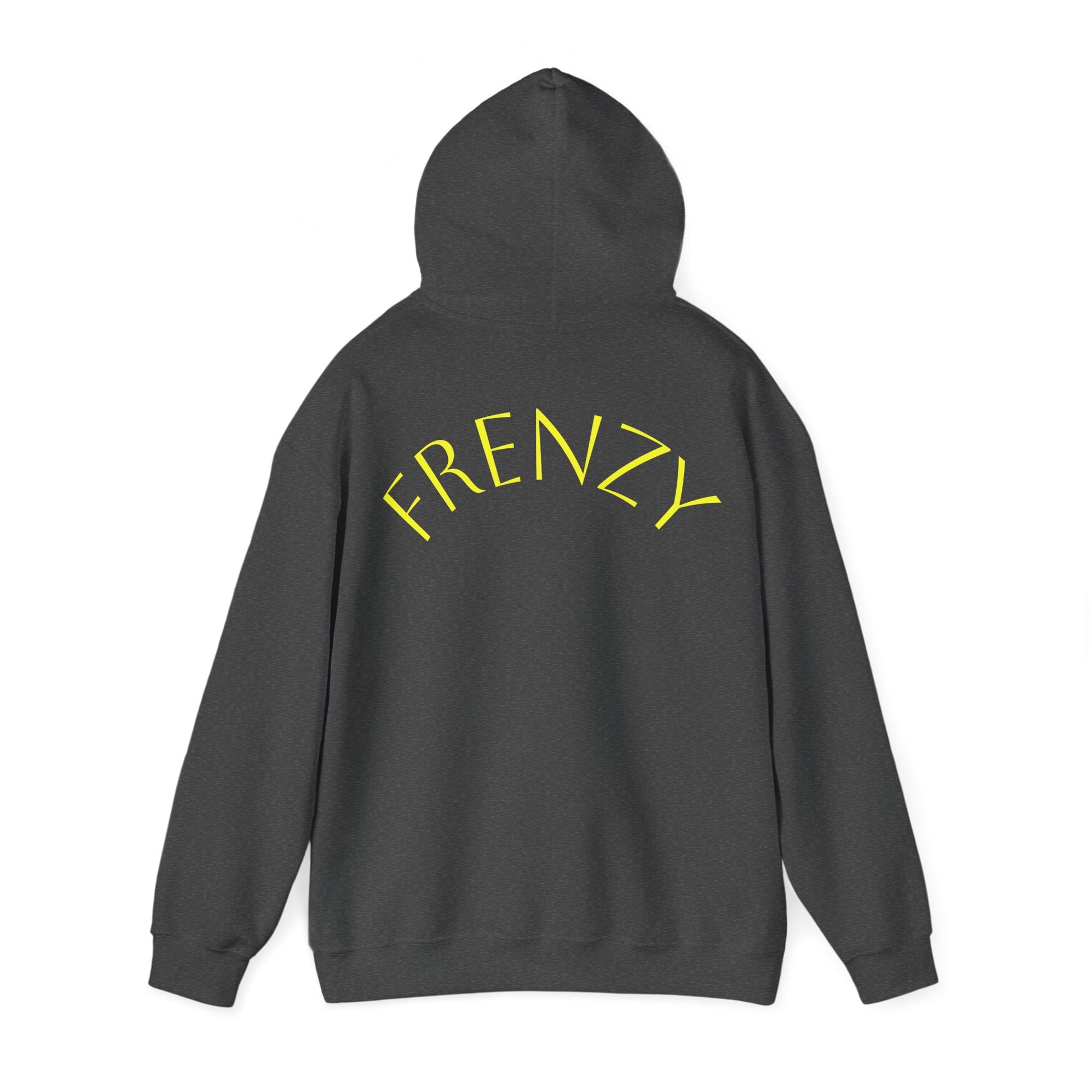 Frenzy Unisex Heavy Blend Hoodie with yellow Logo and Large text on the back. - Fitness Frenzy