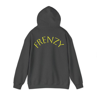 Frenzy Unisex Heavy Blend Hoodie with yellow Logo and Large text on the back. - Fitness Frenzy