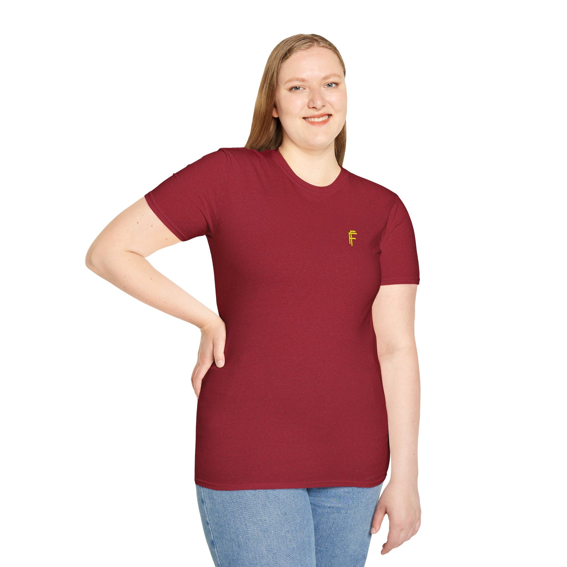 Minimalist Unisex Softstyle T-Shirt - Yellow Logo. - Fitness Frenzy