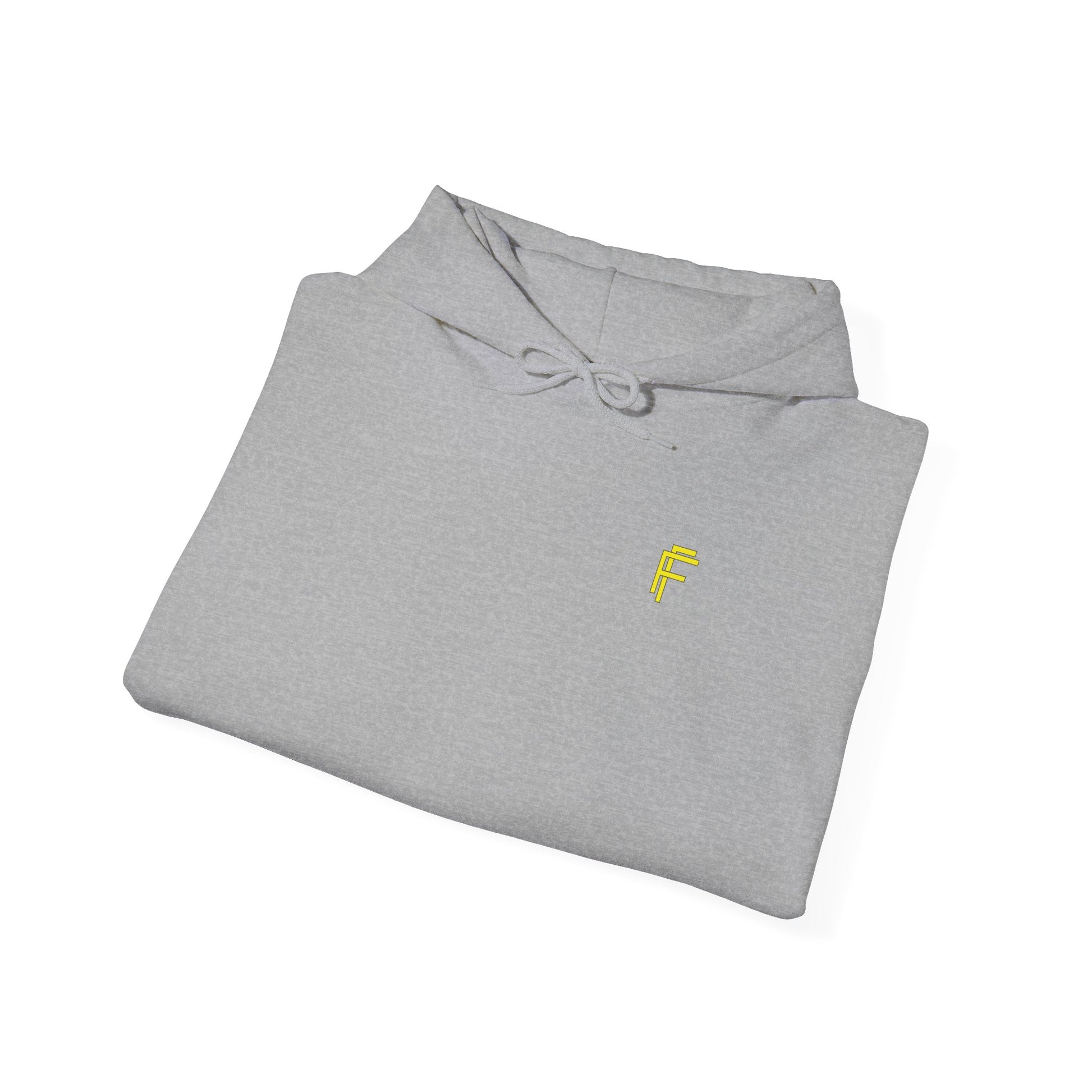 Frenzy Unisex Heavy Blend Hoodie with yellow Logo and Large text on the back. - Fitness Frenzy