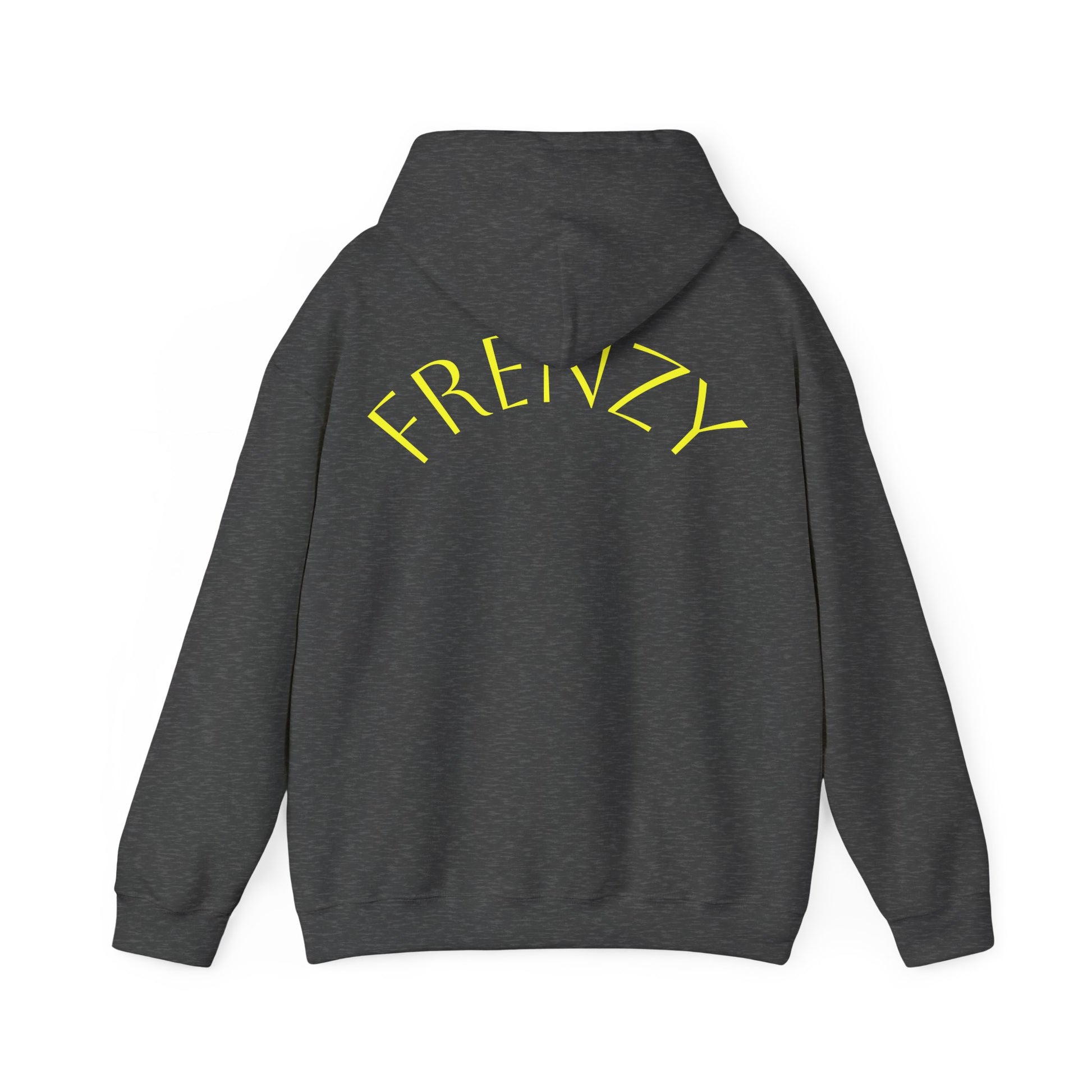 Frenzy Unisex Heavy Blend Hoodie with yellow Logo and Large text on the back. - Fitness Frenzy