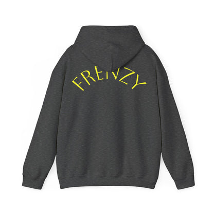 Frenzy Unisex Heavy Blend Hoodie with yellow Logo and Large text on the back. - Fitness Frenzy