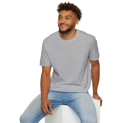Minimalist Unisex Softstyle T-Shirt - Yellow Logo. - Fitness Frenzy