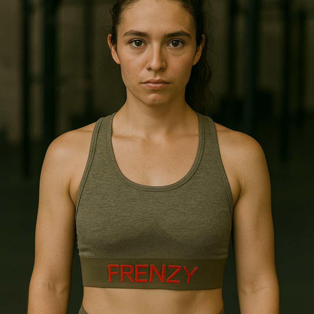 Frenzy Womens TriDri® Seamless '3D fit' Sports Bra in Olive with Red Detail.
